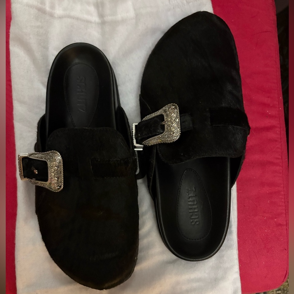 SCHUTZ Grace Black Mule Clog with Silver Buckle